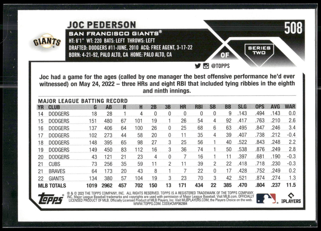 2023 Topps #508 Joc Pederson