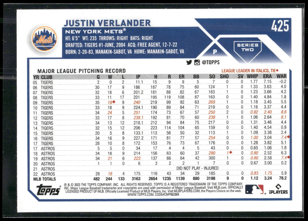 2023 Topps #425 Justin Verlander