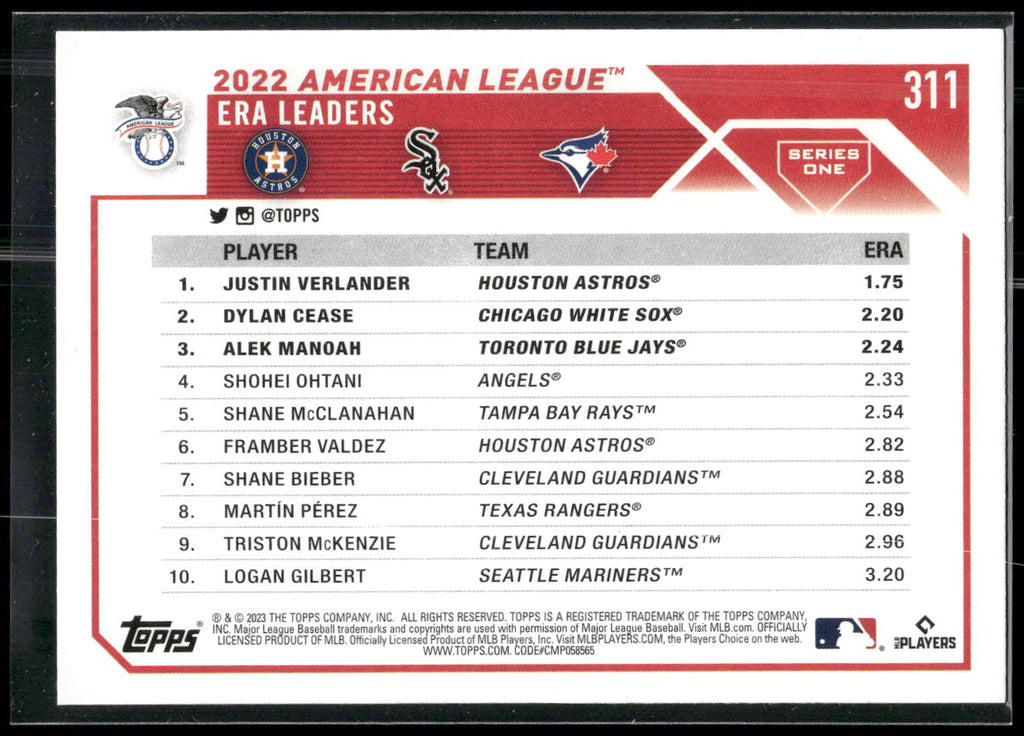 2023 Topps #311 AL ERA Leaders (Justin Verlander / Dylan Cease / Alek Manoah)