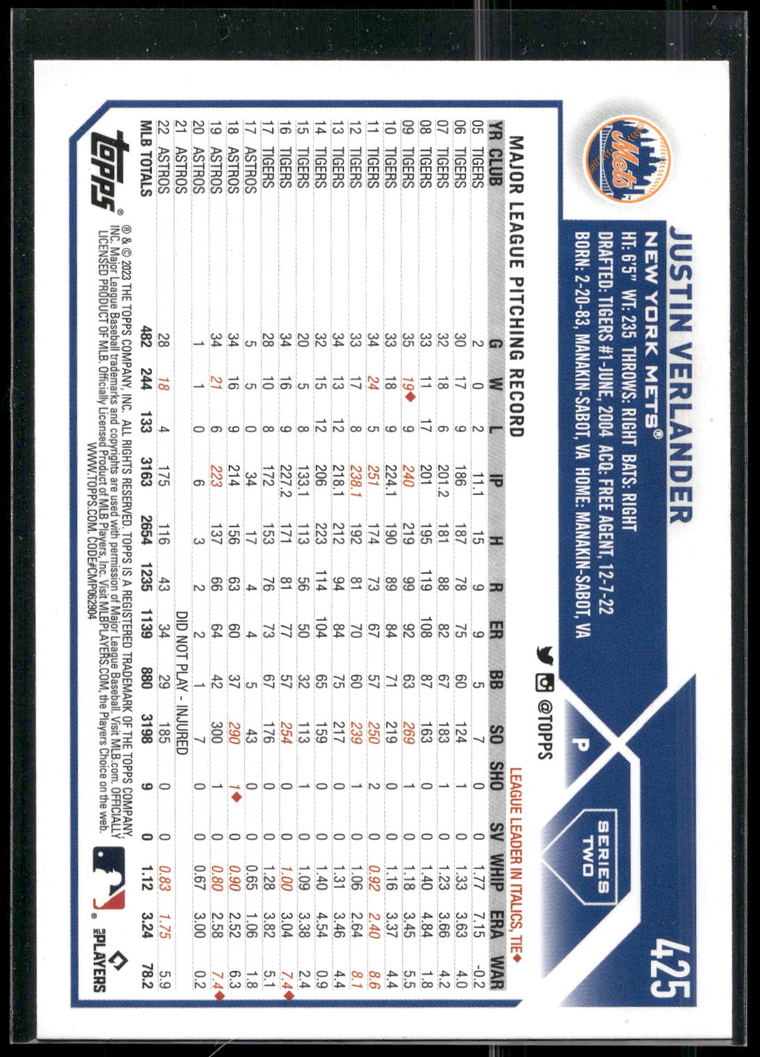 2023 Topps #425 Justin Verlander