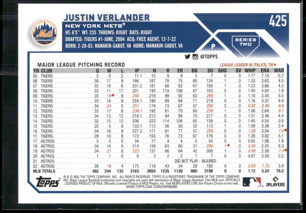 2023 Topps #425 Justin Verlander