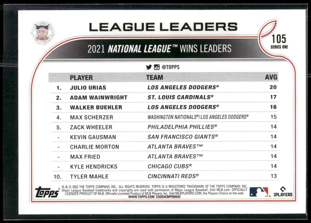 2022 Topps #105 NL Wins Leaders (Julio Urias / Adam Wainwright / Walker Buehler)