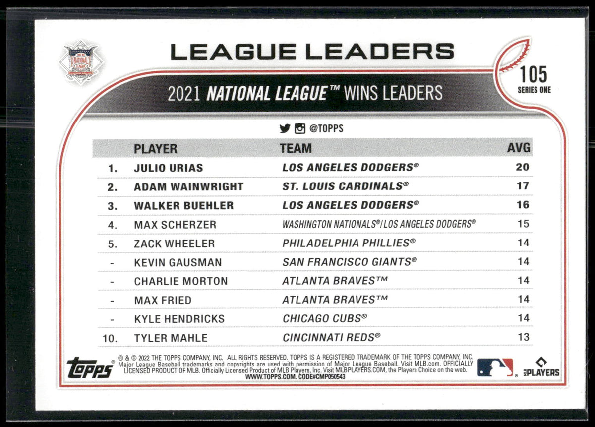 2022 Topps #105 NL Wins Leaders (Julio Urias / Adam Wainwright / Walker Buehler)