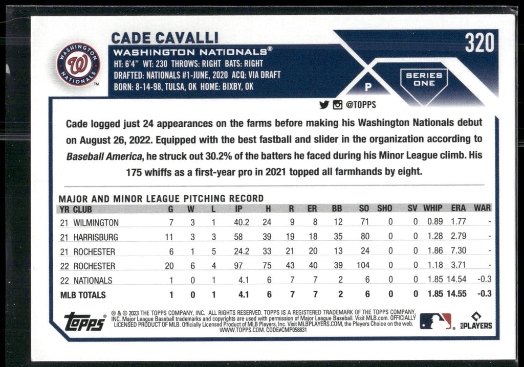2023 Topps 1st Edition #320 Cade Cavalli