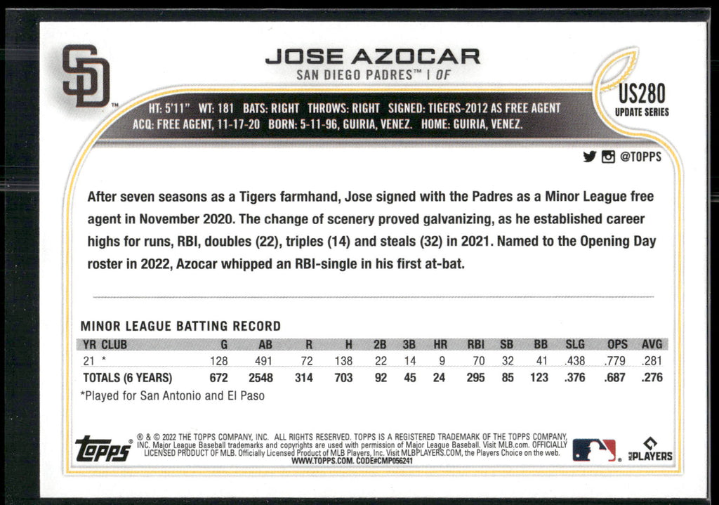 2022 Topps Update #US280 Jose Azocar