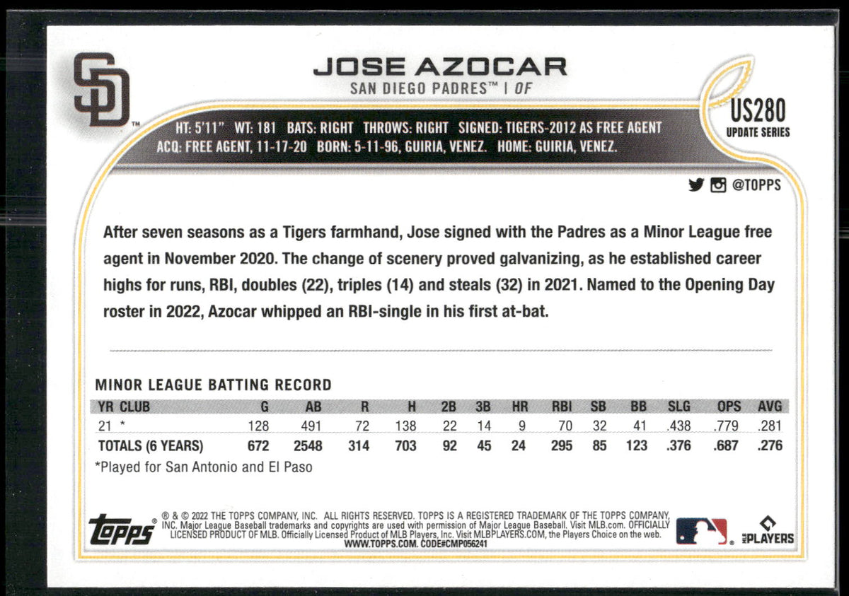 2022 Topps Update #US280 Jose Azocar