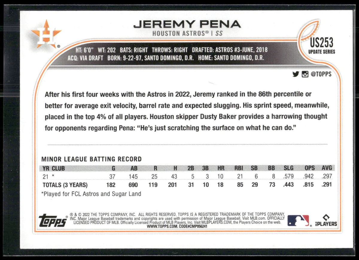 2022 Topps Update #US253 Jeremy Pena