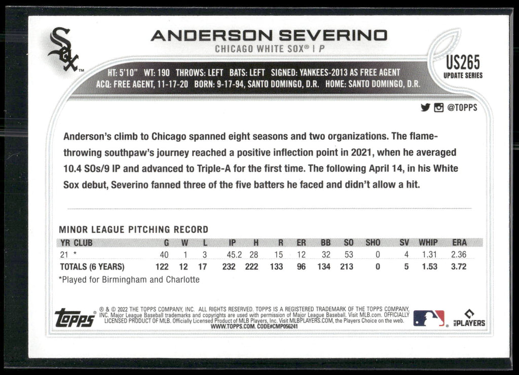 2022 Topps Update #US265 Anderson Severino