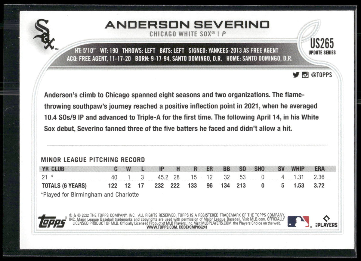2022 Topps Update #US265 Anderson Severino