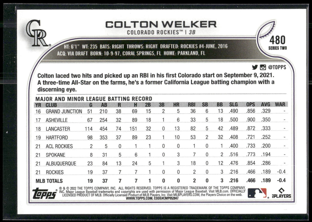 2022 Topps #480 Colton Welker