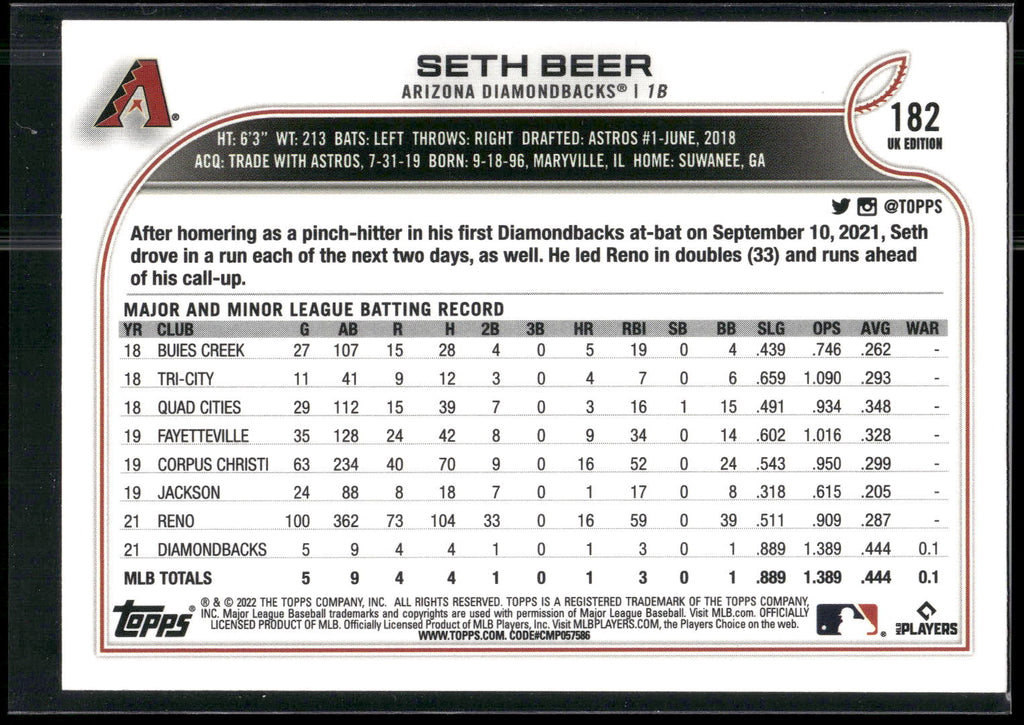 2022 Topps UK Edition #182 Seth Beer