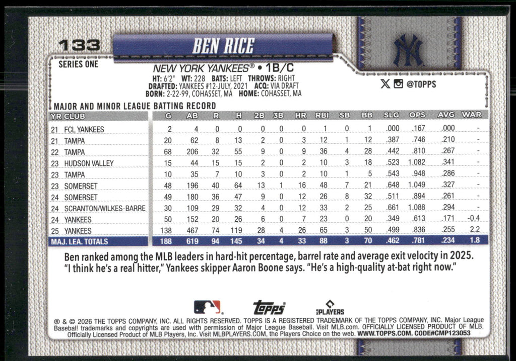 2026 Topps #133 Ben Rice