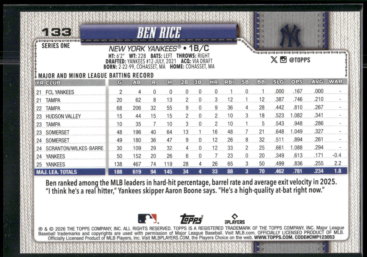 2026 Topps #133 Ben Rice
