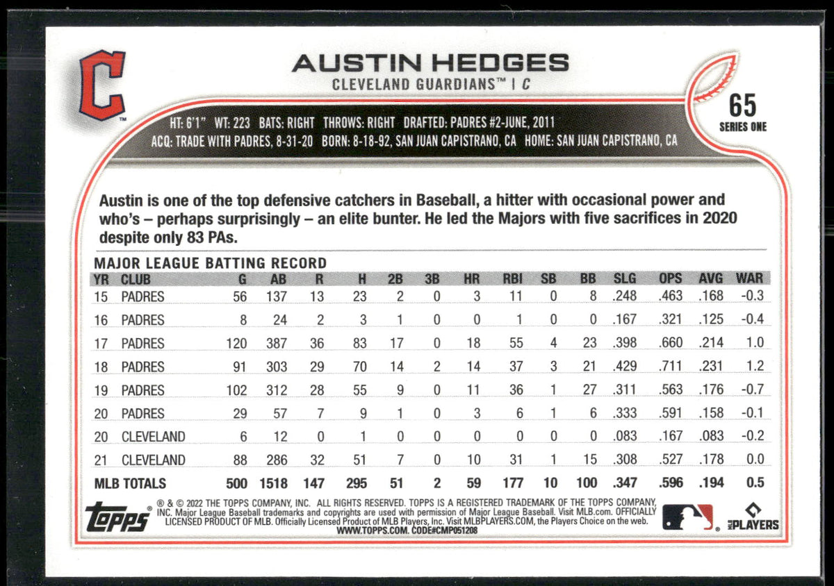 2022 Topps 1st Edition #65 Austin Hedges