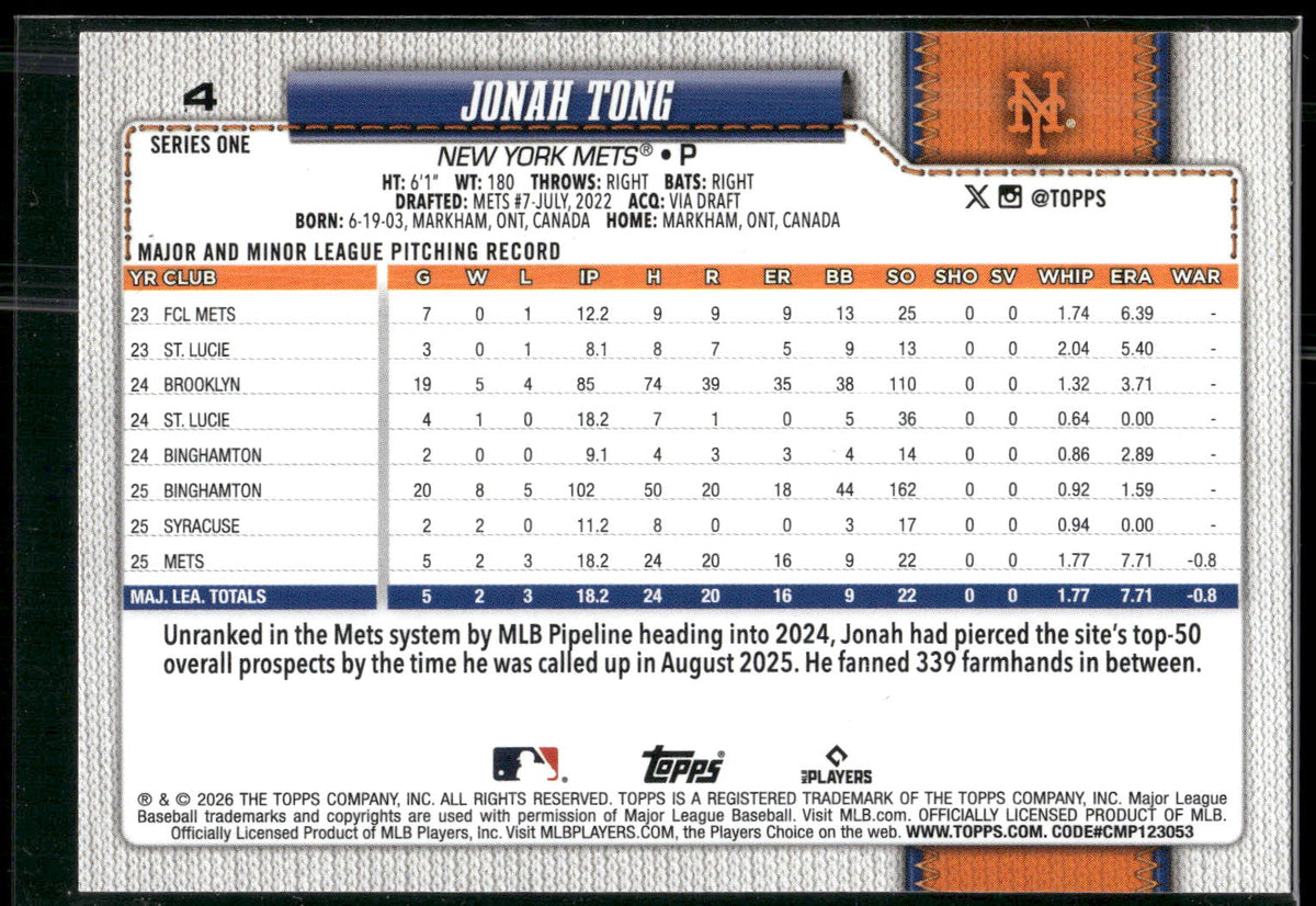 2026 Topps #4 Jonah Tong