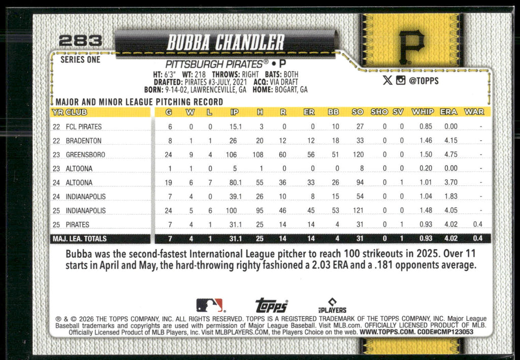 2026 Topps #283 Bubba Chandler
