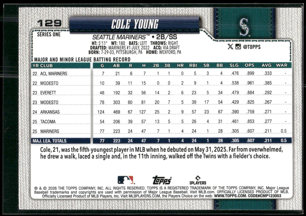 2026 Topps #129 Cole Young