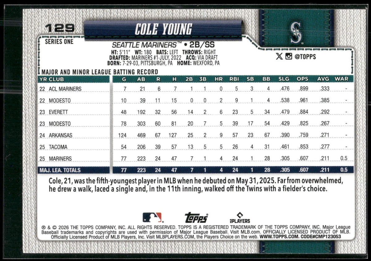 2026 Topps #129 Cole Young