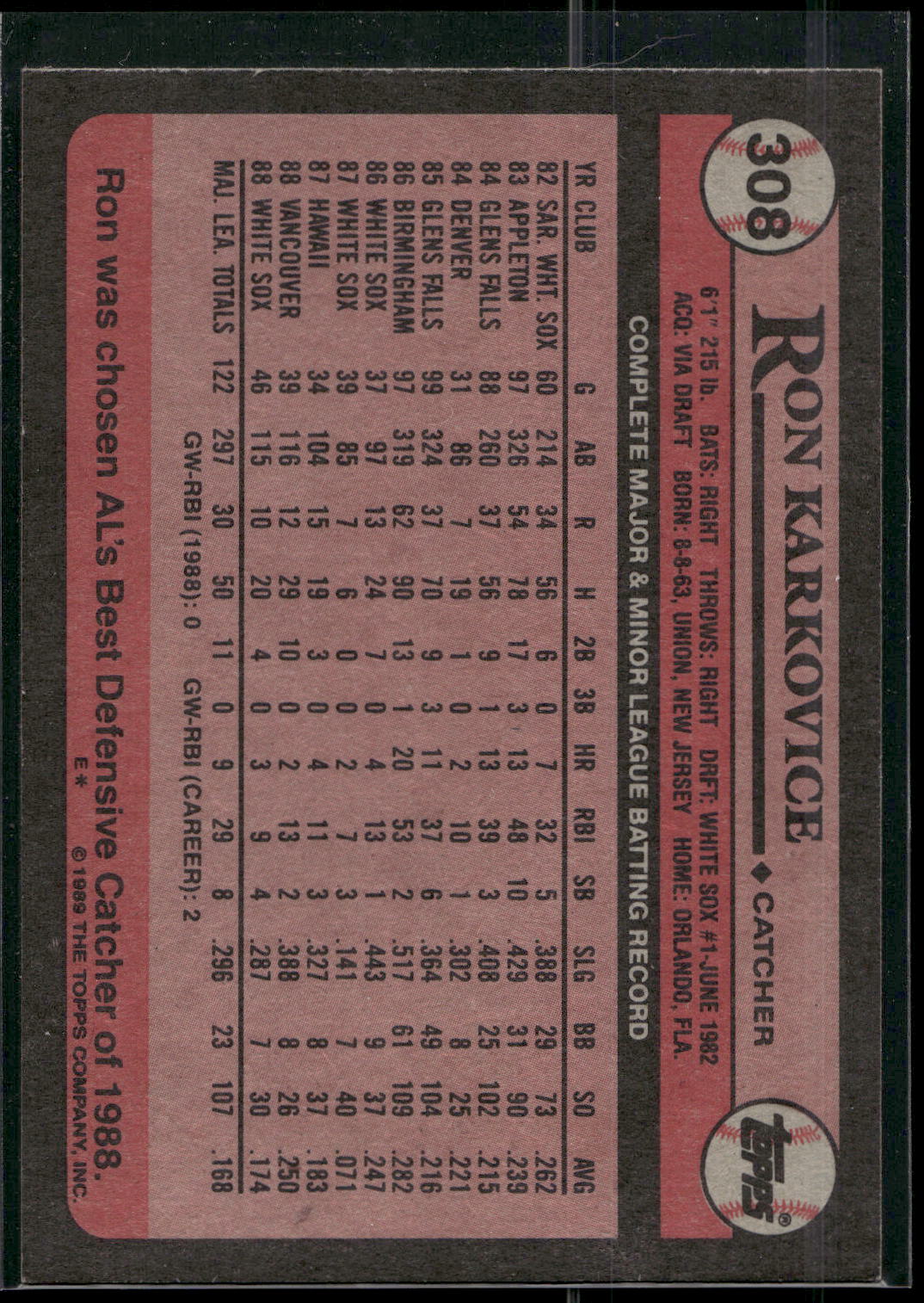 1989 Topps #308 Ron Karkovice