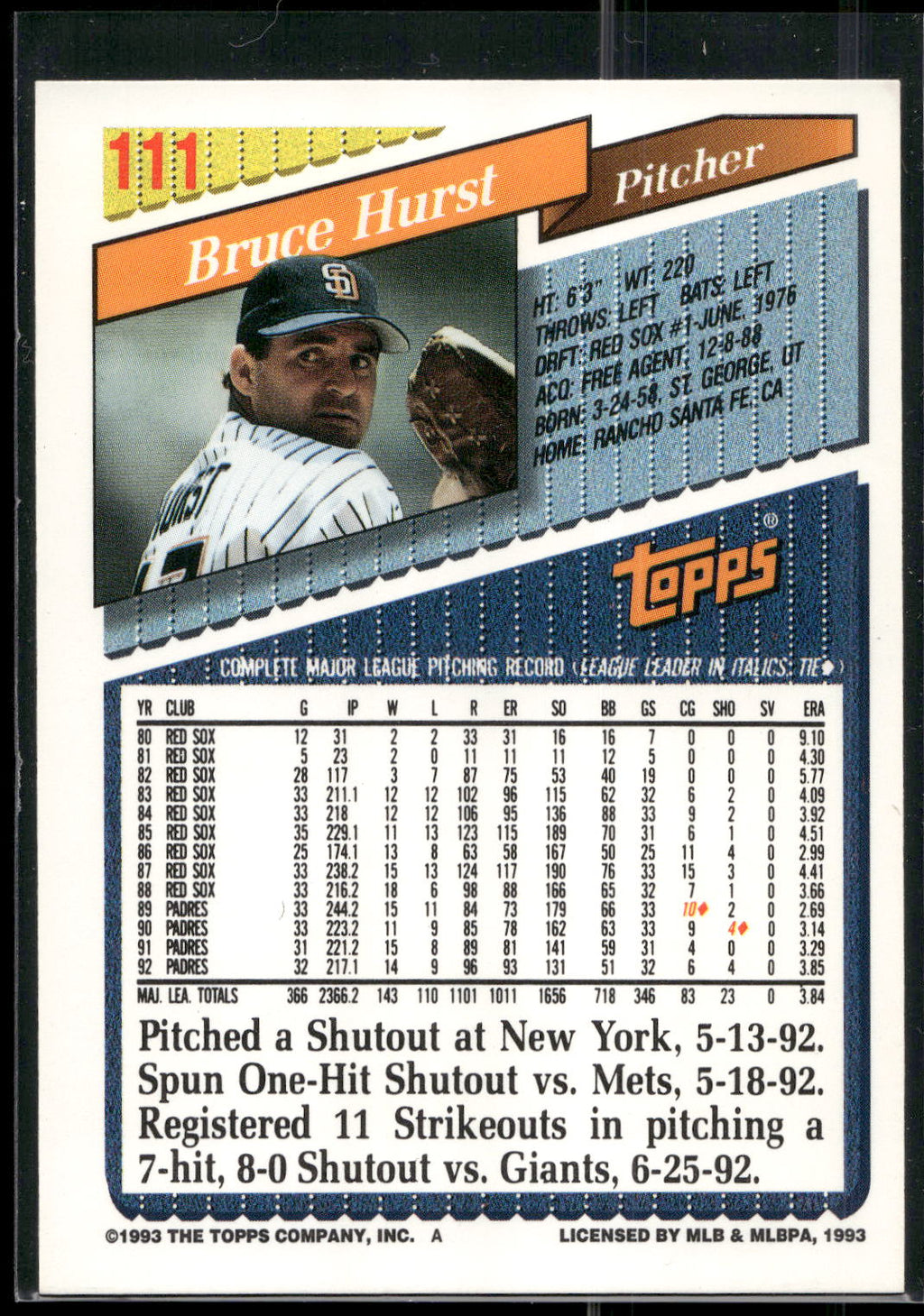 1993 Topps #111 Bruce Hurst