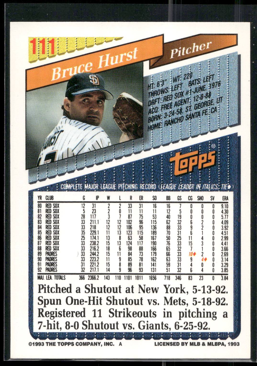1993 Topps #111 Bruce Hurst