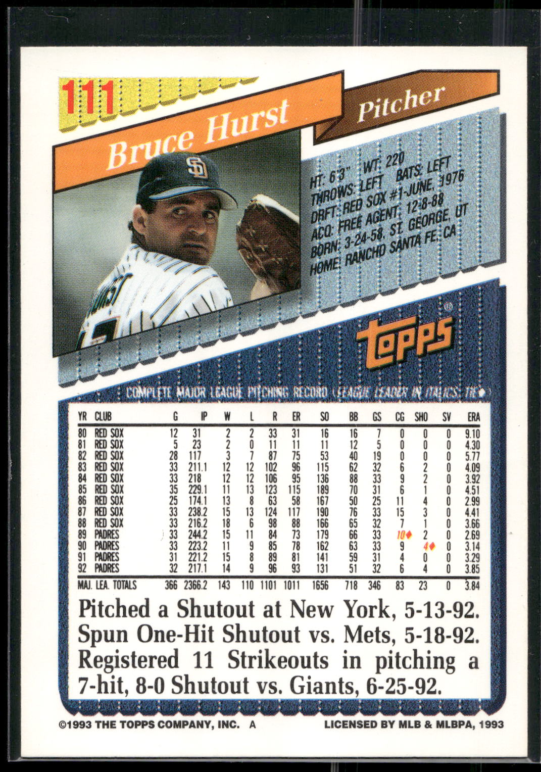 1993 Topps #111 Bruce Hurst