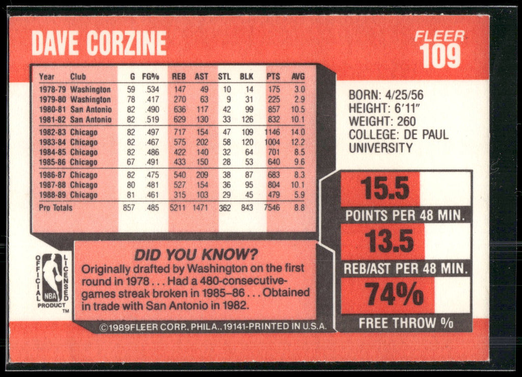 1989-90 Fleer #109 Dave Corzine