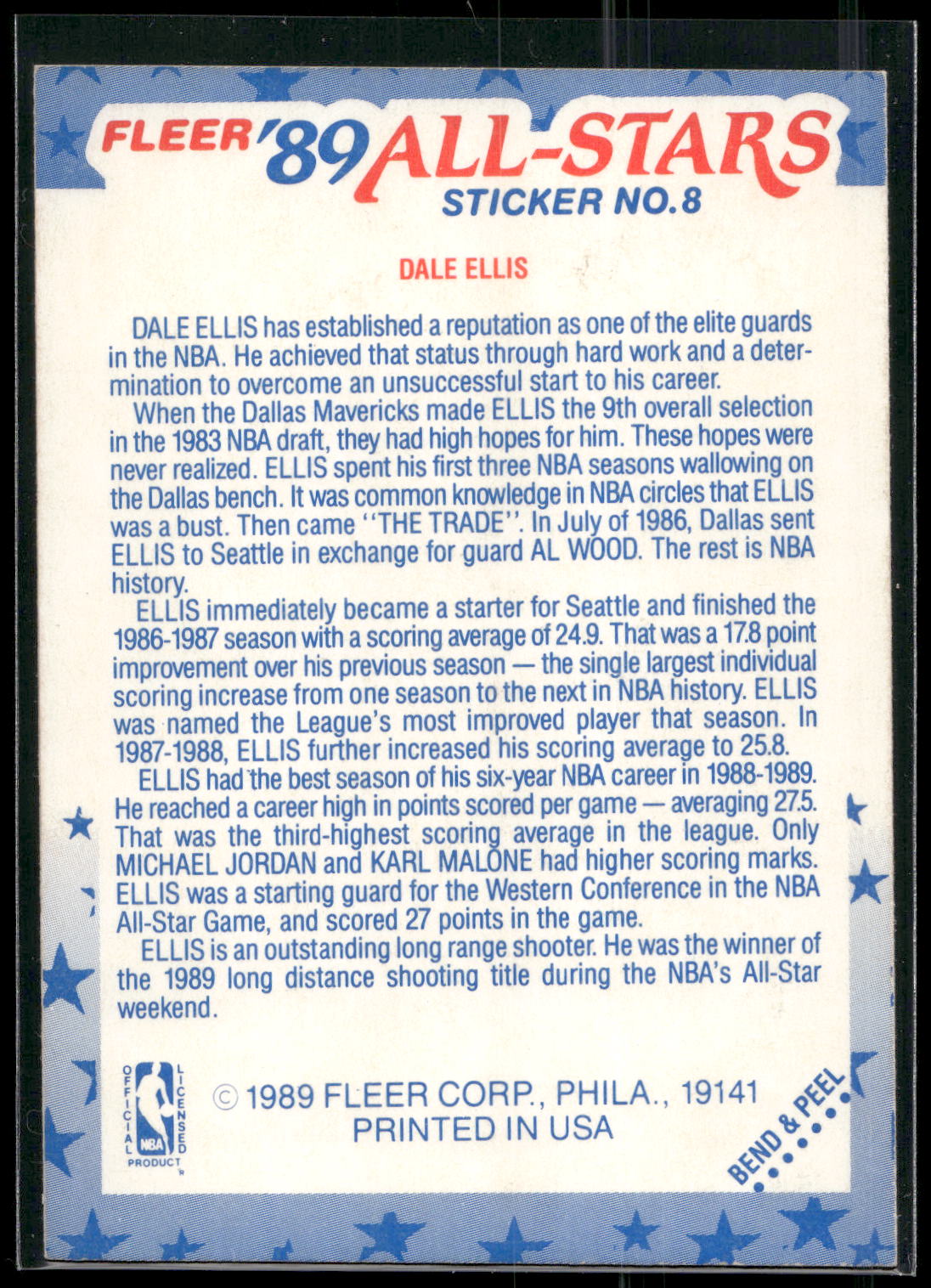 1989-90 Fleer #8 Dale Ellis Stickers