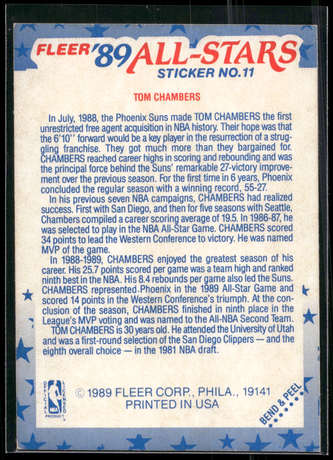 1989-90 Fleer #11 Tom Chambers Stickers
