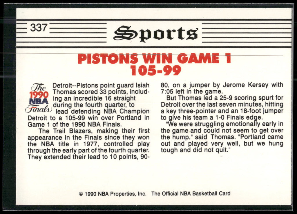 1990-91 Hoops #337 Pistons Win Finals Opener TRIB