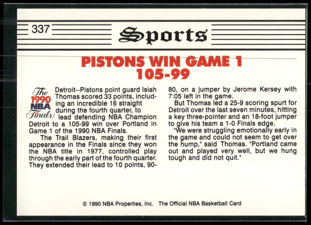 1990-91 Hoops #337 Pistons Win Finals Opener TRIB