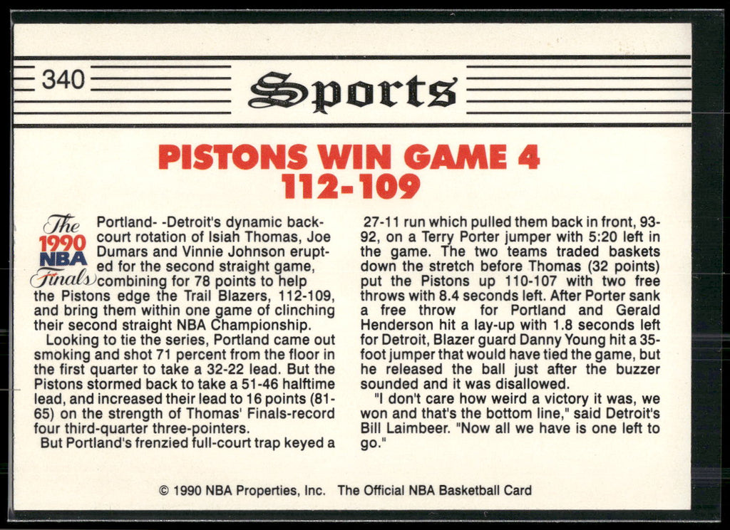 1990-91 Hoops #340 Pistons Take 3-1 Lead TRIB