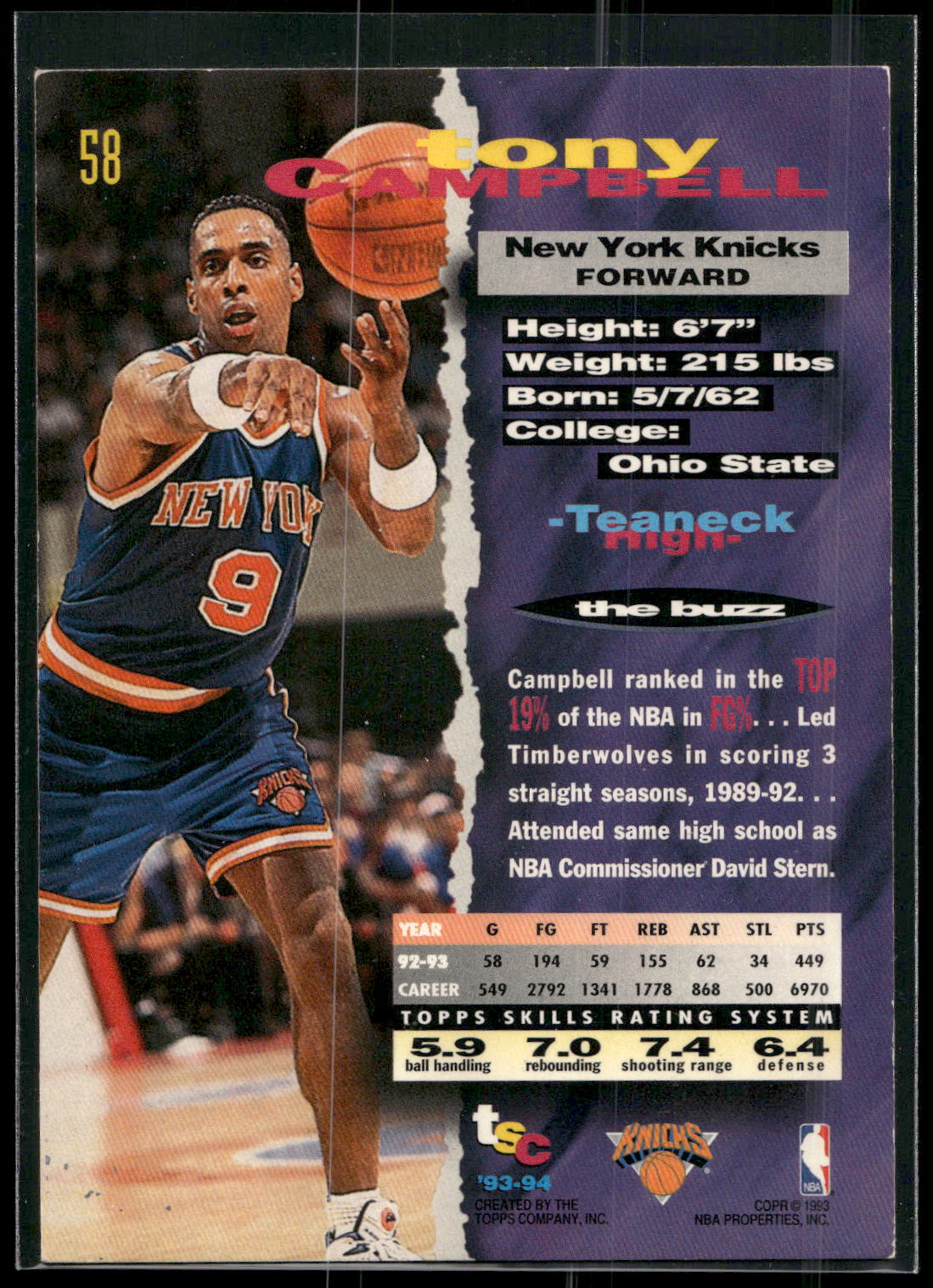 1993-94 Stadium Club #58 Tony Campbell