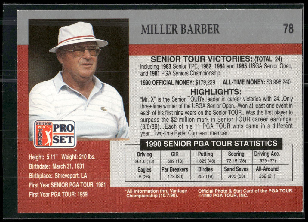 1990 Pro Set PGA Tour #78 Miller Barber