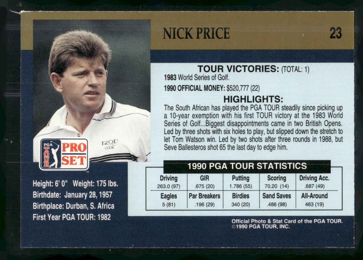 1990 Pro Set PGA Tour #23 Nick Price