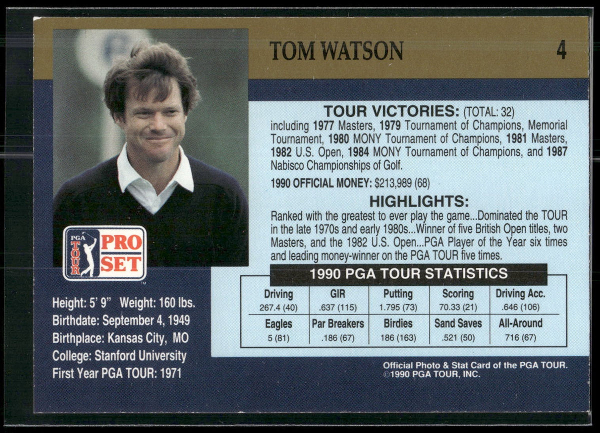 1990 Pro Set PGA Tour #4 Tom Watson