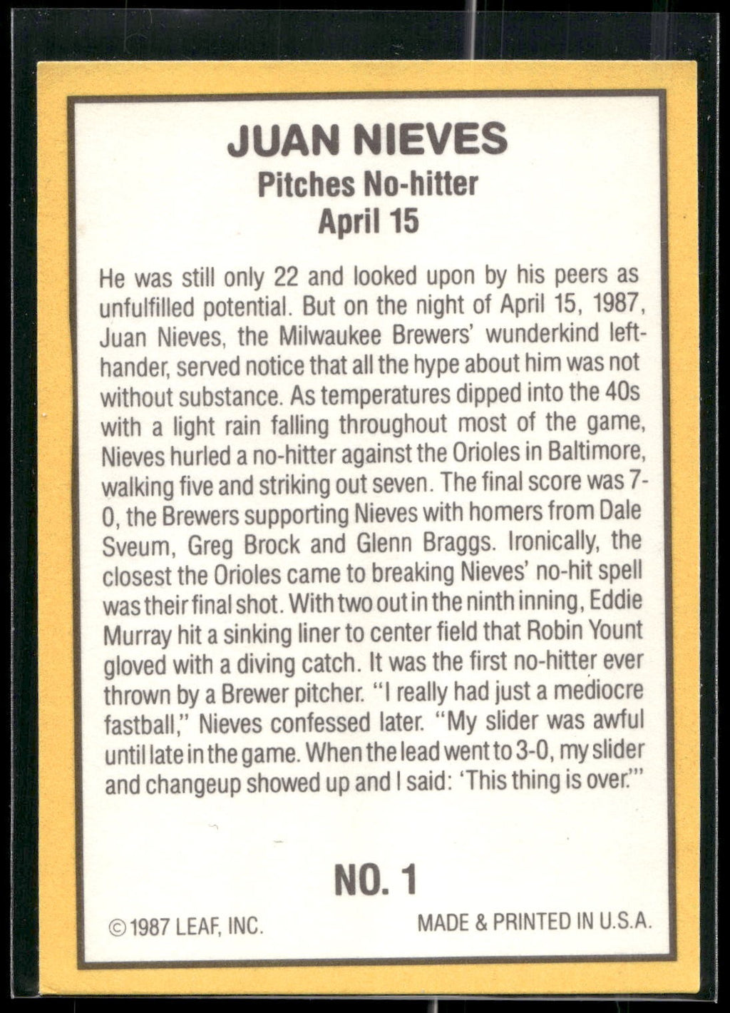 1987 Donruss Highlights #1 Juan Nieves