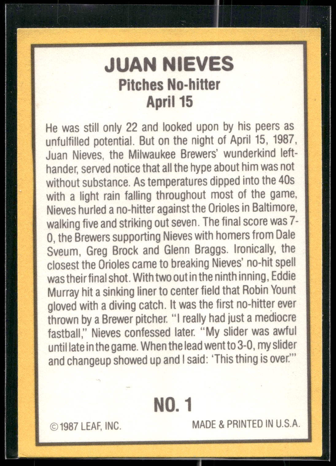 1987 Donruss Highlights #1 Juan Nieves