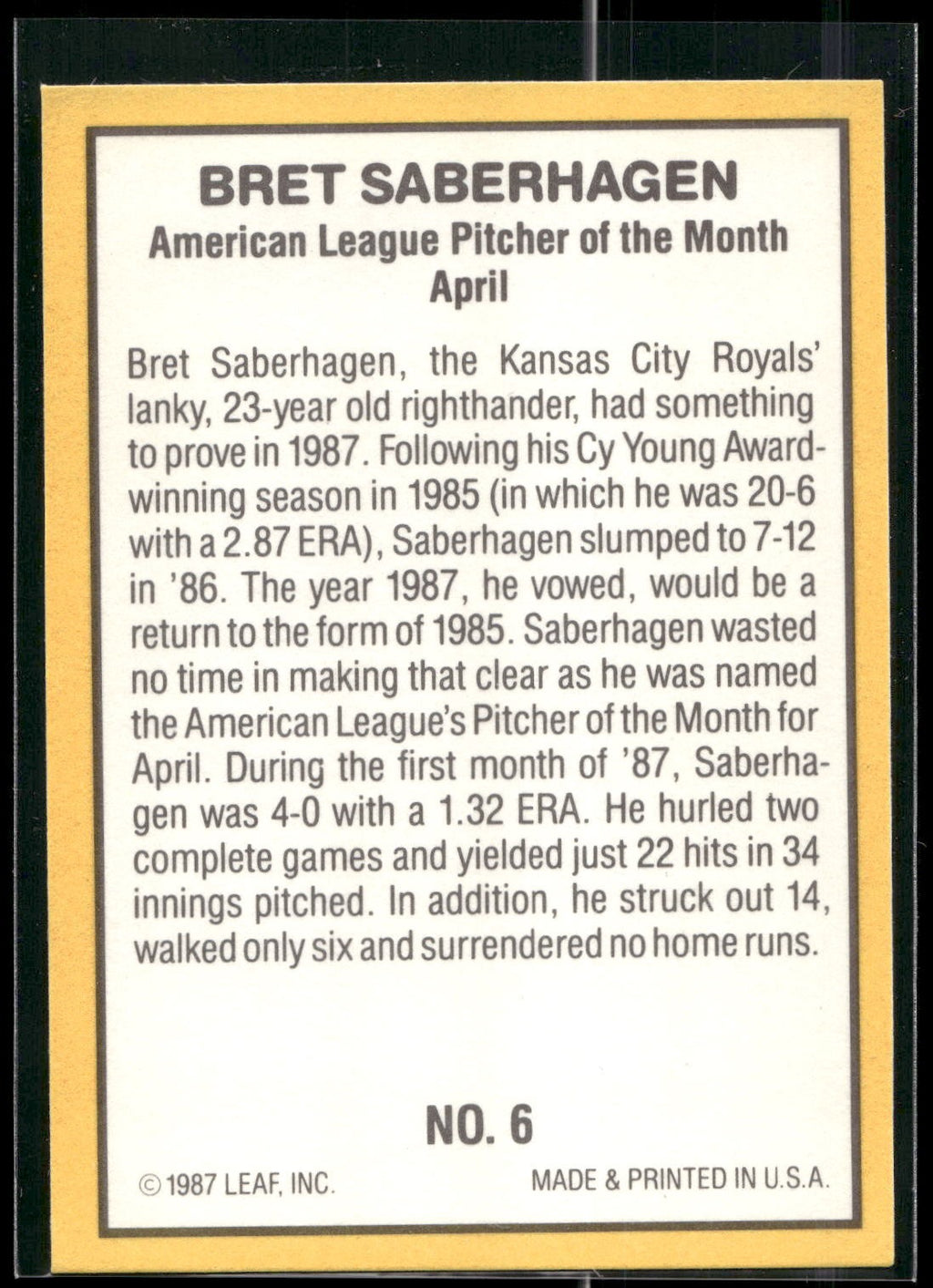 1987 Donruss Highlights #6 Bret Saberhagen