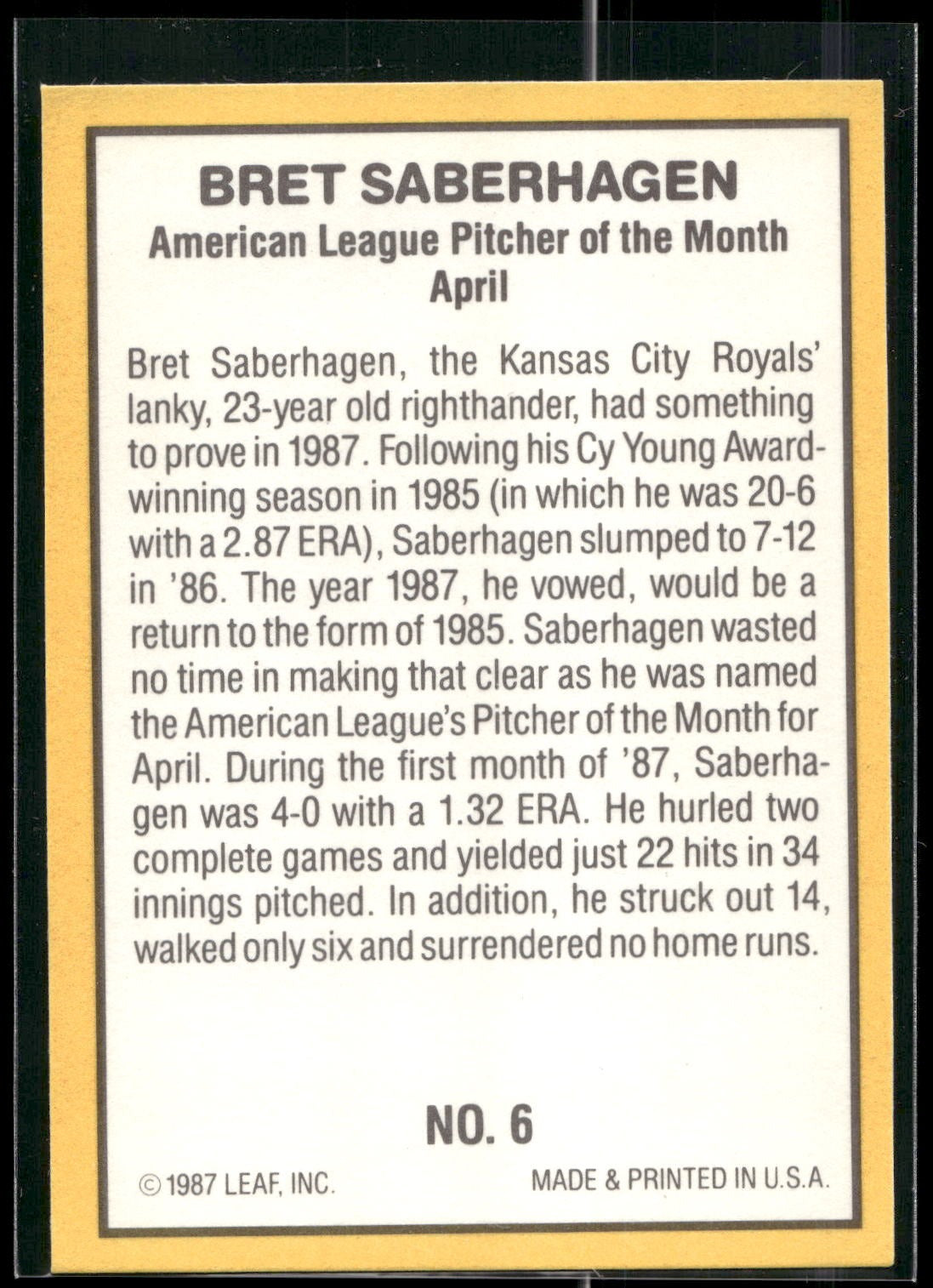 1987 Donruss Highlights #6 Bret Saberhagen