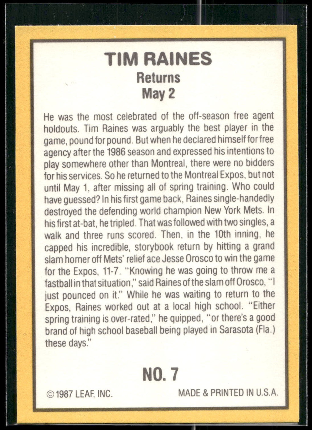1987 Donruss Highlights #7 Tim Raines