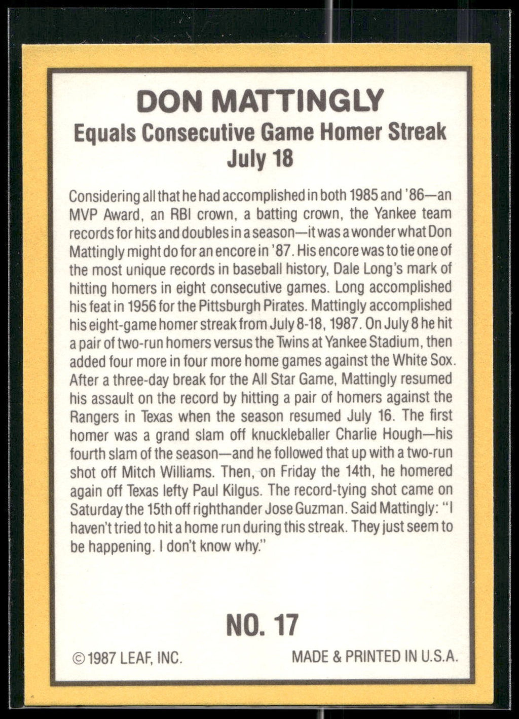 1987 Donruss Highlights #17 Don Mattingly