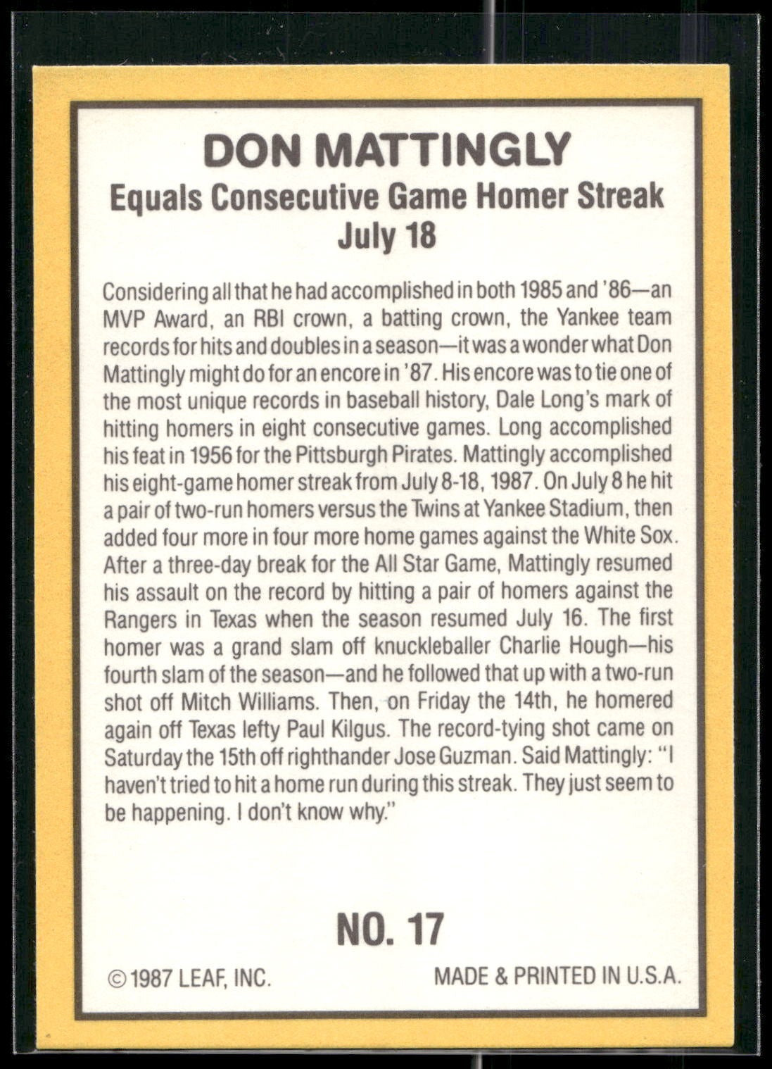1987 Donruss Highlights #17 Don Mattingly