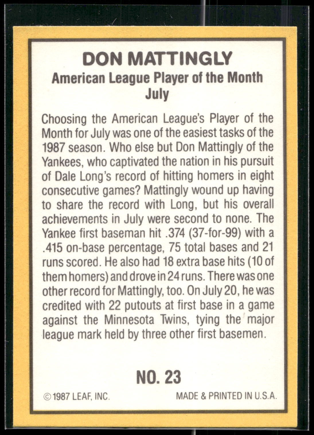 1987 Donruss Highlights #23 Don Mattingly