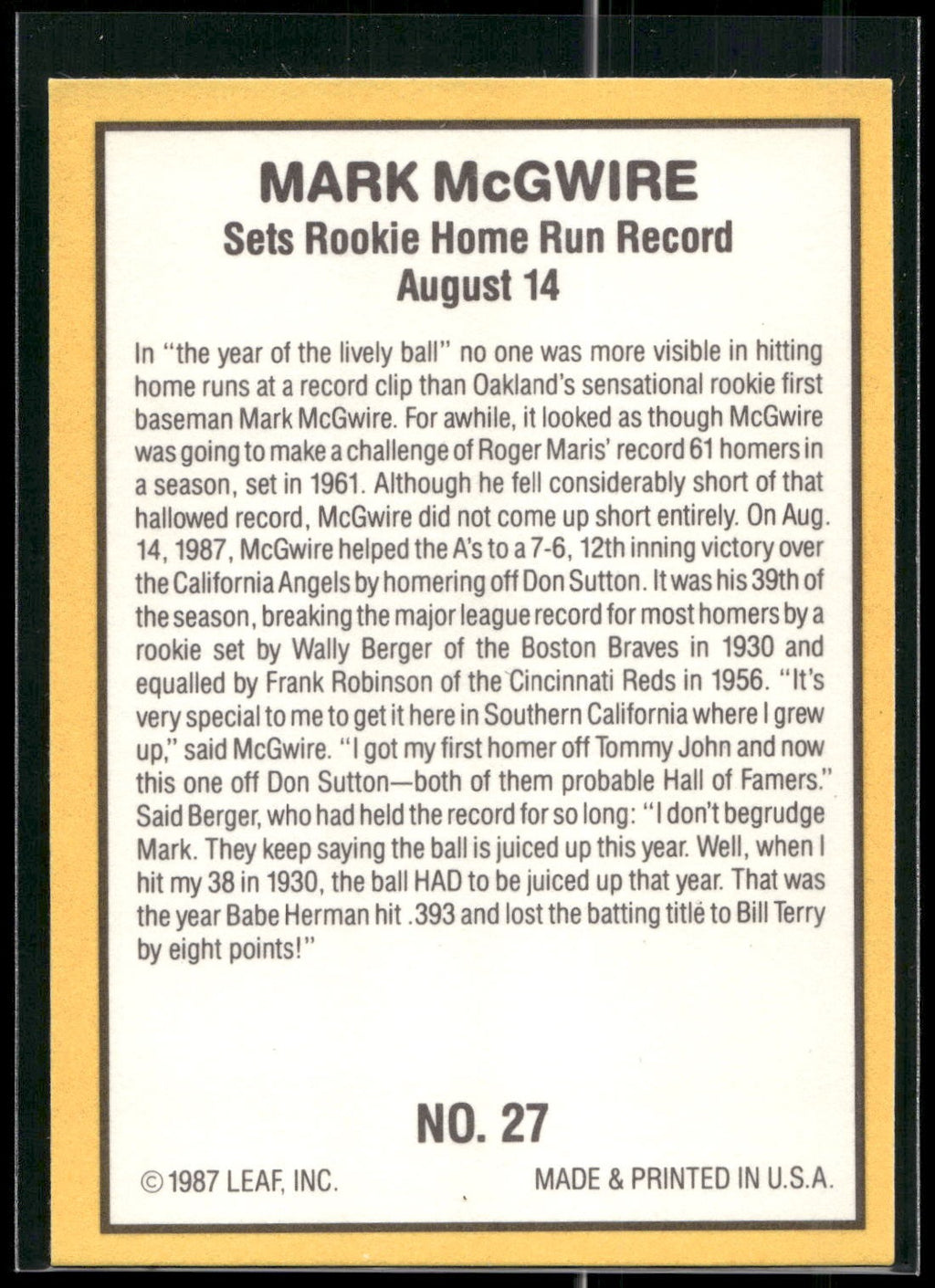 1987 Donruss Highlights #27 Mark McGwire