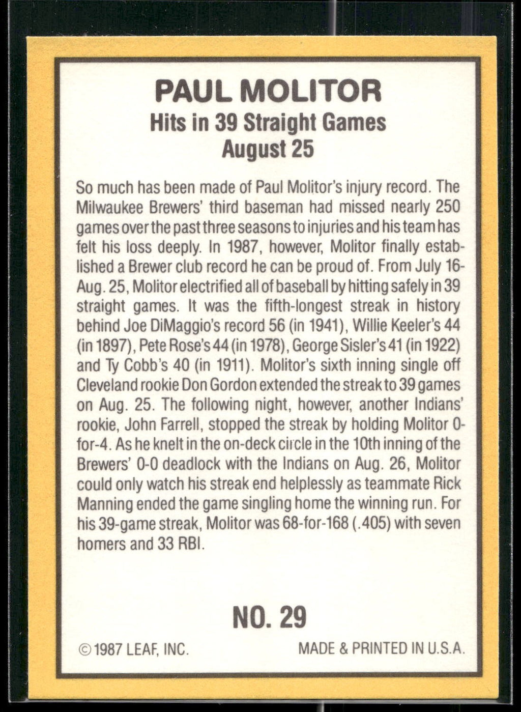 1987 Donruss Highlights #29 Paul Molitor