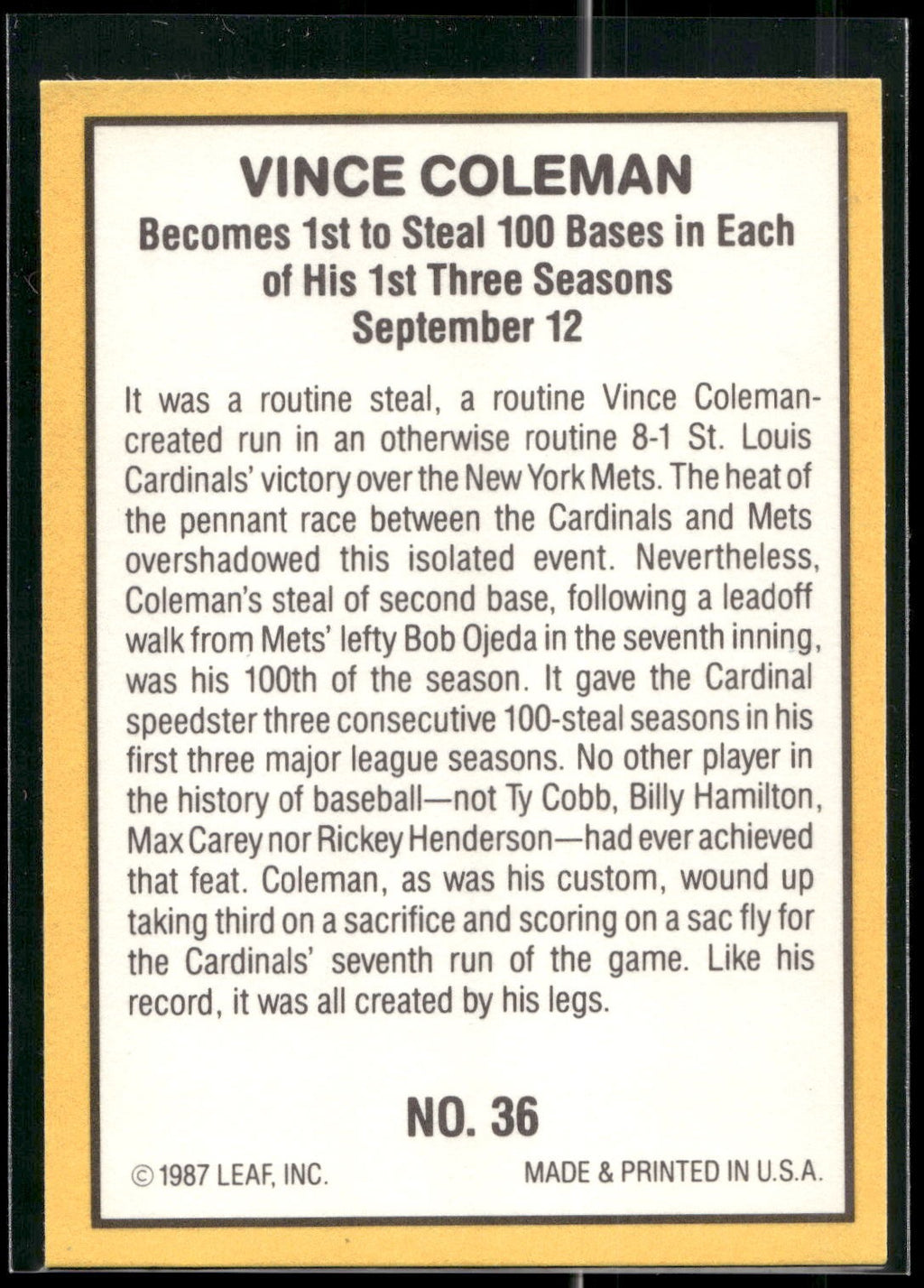 1987 Donruss Highlights #36 Vince Coleman