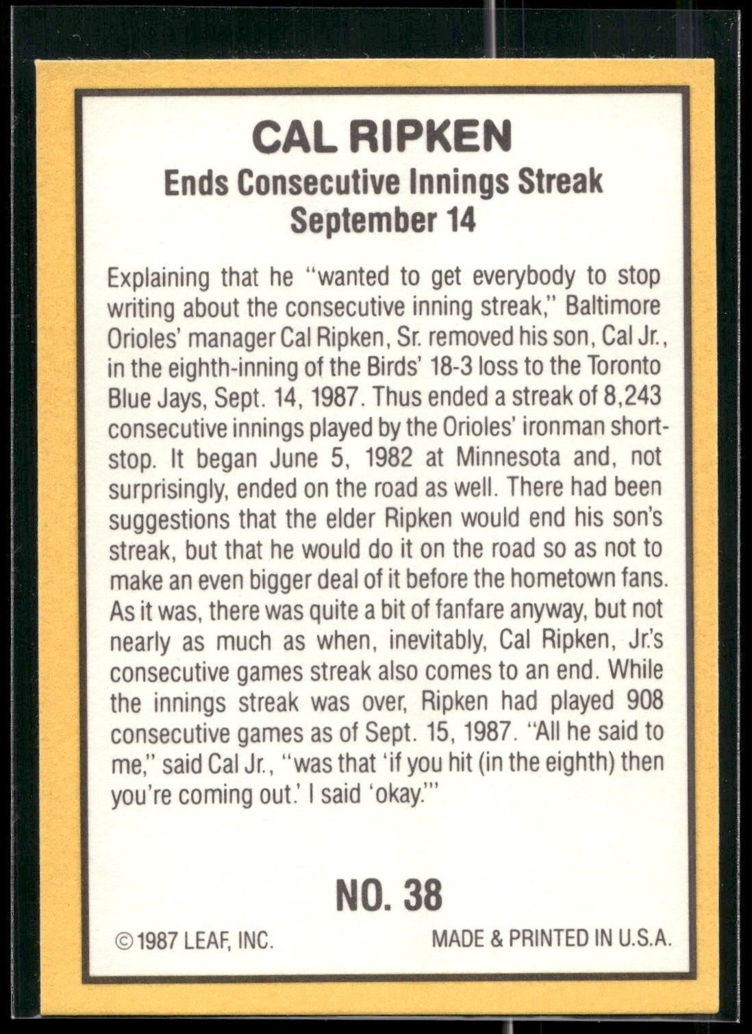 1987 Donruss Highlights #38 Cal Ripken