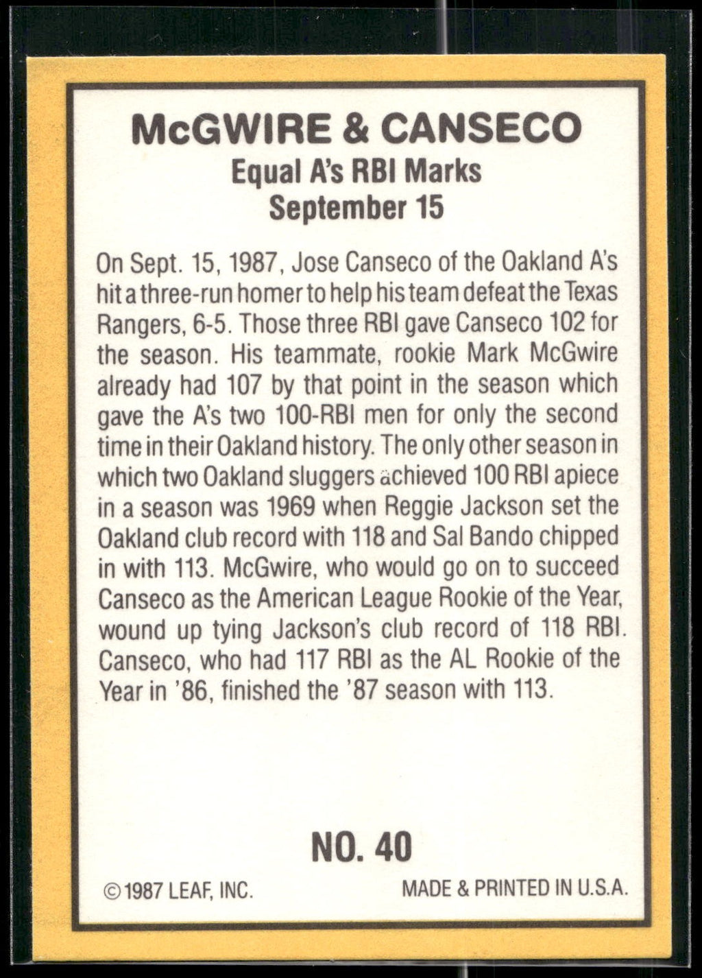 1987 Donruss Highlights #40 Mark McGwire / Jose Canseco