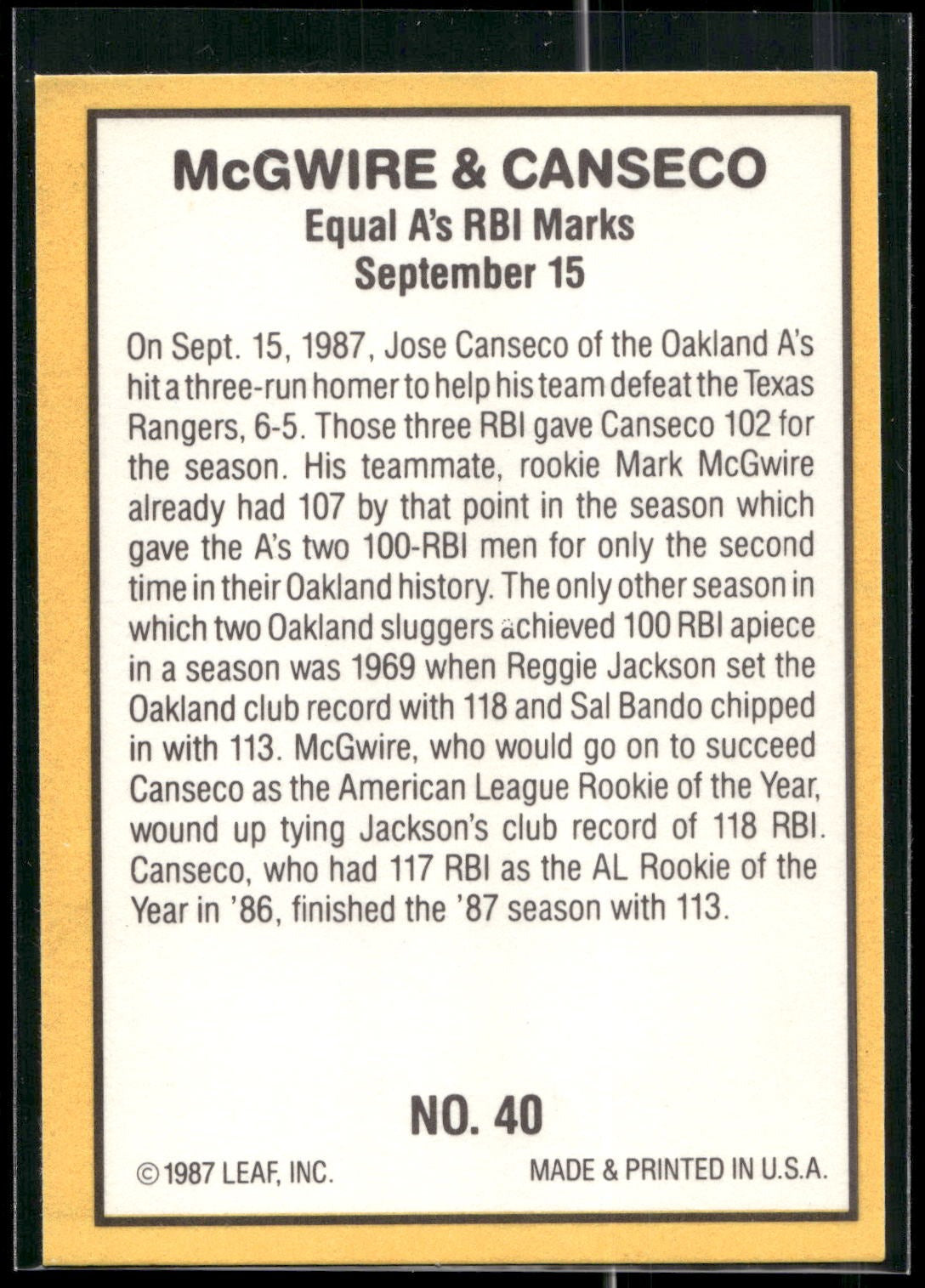 1987 Donruss Highlights #40 Mark McGwire / Jose Canseco